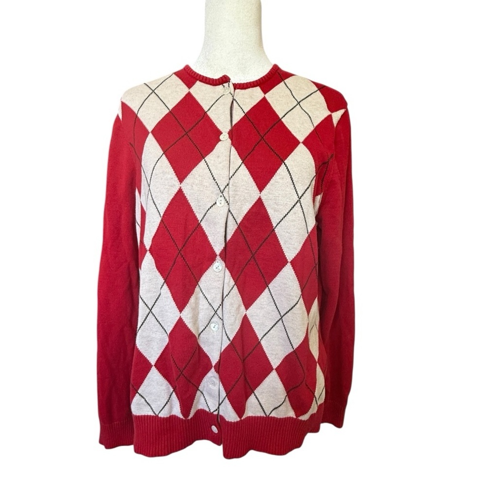 Lands End Red White Argyle Cardigan Size 14-16 Supima Cotton Button Front